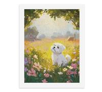 Pintura por números, un lindo perro blanco sentado en un campo de flores coloridas, kit de pintura digital para adultos, crea tu propia escena mágica, suministros de arte sin marco, 40 x 50 cm