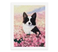 Pintura por números, un lindo perro blanco y negro sentado en un campo de flores rosas, kit de pintura digital para adultos, crea tu propia escena mágica, suministros de arte sin marco, 40 x 50 cm
