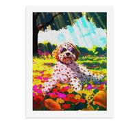 Pintura por números, un lindo perro manchado sentado en un campo de flores coloridas, kit de pintura digital para adultos, crea tu propia escena mágica, suministros de arte sin marco, 40 x 50 cm