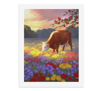Pintura por números, una vaca de pie en un campo de flores coloridas, kit de pintura digital para adultos, crea tu propia escena mágica, suministros de arte sin marco, 40 x 50 cm