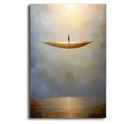 Pintura surrealista de barco flotante, arte mural minimalista de barco, pintura abstracta, decoración mural moderna, arte mural gris y dorado 100x200cm/39x79in Sin marco
