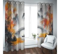 Pintura Tradicional China con Tinta Cortinas Opacas, montañas brumosas del río Puente Piedra Cortinas aisladas térmicamente para una decoración Elegante del salón 2 Paneles (W140xL230cm Cada uno)