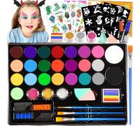 Pinturas Cara para Niños, 28 Colores Pintacaras Infantil con 30 Tatuajes Plantillas Diadema de Monstruo, Pintura Cara Niños Hipoalergenica Maquillaje Carnaval Halloween Pascua Regalo Niños 3-10 Años