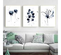 Pinturas de Lienzo,3 Piezas-Póster Abstracto de Flores de Acuarela Tinta Azul Hojas Pintura Lienzo Arte Impresión Moderna Sala de Estar Dormitorio Cocina Decoración de Habitación-60*80cm (Sin Marco)