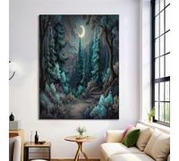 Pinturas De Lienzo Sendero Forestal A La Luz De La Luna En La Pared, Vista Nocturna De Un Bosque Fantástico. Carteles E Impresiones Artísticos, Turquesa Cuadros De Pared De Arte Para Salón, 80×120 cm