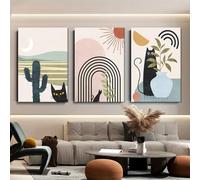 Pinturas en lienzo de escena nocturna de desierto de estilo nórdico, impresión moderna minimalista, patrón de cactus, luna y montaña, decoración del hogar (40 x 60 cm/3 piezas sin marco)