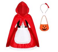 PINTUTU Disfraz de Caperucita Roja para Niñas con Capa, Bolsa de Calabaza y Diadema - Ideal para Halloween, Fiestas Tématicas y Cosplay Disfraz Halloween Mujer