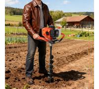 Pinuox Broca de tierra de gasolina de 52 cc, motor de 2 tiempos, depósito de 1,2 L, 2,3 CV, con 3 brocas de 100/150/200 mm, extensión y juego de accesorios para tierras de cultivo, jardín y plantas