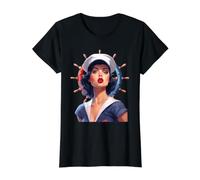 Pinup Girl Sailor con gráfico de Rueda de Barco Camiseta gráfica económica