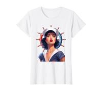 Pinup Girl Sailor con gráfico de Rueda de Barco Camiseta gráfica económica