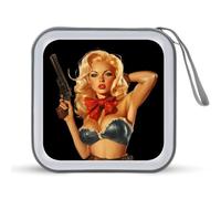 Pinup Hot Woman with Guns Funny CD Case 40 Capacity DVD Holder Portable Storage Disc Binder Wallet for Car Home Travel