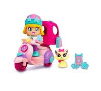 Pinypon - Let's Go! Moto y Mascota, de Color Rosa, con trasportín para Animales, un Gatito de Juguete pequeño, y Mini Figura de una muñeca Pop&Swap, para niños y niñas Desde 4 años, Famosa (PNY37200)