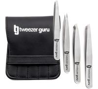 Pinzas de Depilar Profesionales Tweezer Guru Para Cejas (Set de 4) - Pinza Punta Acero Inoxidable - Gran Precisión para Pelos Faciales, Pelos Encarnados, Espinillas y Astillas (Negro)