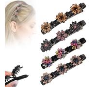 Pinzas de pelo trenzadas con piedra de cristal brillante, pinzas de pelo trenzadas para mujer, pinzas cortas para el pelo de pato, pinzas trenzadas para mujeres y niñas (flores, 4 piezas)