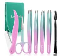 Pinzas Depilar 7Pcs Para Mujer - Set de Pinzas de Precisión Con Estuche de Viaje - Pinzas De Acero Inoxidable Para Cejas Con Tijeras, Navaja, Espejo para Vello Encarnado (Rosa/Azul)