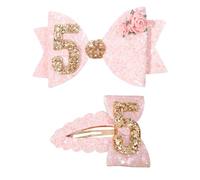 Pinzas para el pelo con lazo rosa, decoraciones de fiesta de cumpleaños de cinco años para niñas, pinzas para el pelo de lazo rosa con purpurina, lazo para el pelo de 5º cumpleaños para niña, dos
