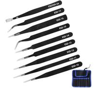 Pinzas Precision, 9 Piezas Pinzas Electronica Precisión con Bolsa Almacenamiento, Para Maintenance Electrónica, Modelismo ESD, Artesanía Pinzas Acero Inoxidable Anti-Estáticas Kit Tools