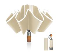 Pioggistar Paraguas Plegable Automático, Paraguas Invertido, Paraguas Plegable Antiviento 10 Varillas para Hombre y Mujer, Plegable Mango de madera, Diámetro 105cm, Beige