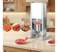 PioMue Embutidora eléctrica de Carne y Salchichas con Pedal 2L | Diseño vertical de acero inoxidable con 3 tubos de embutido y depósito desmontable; para elaborar salchichas caseras