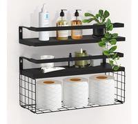 piorlado Estantería de pared de madera negra, juego de 2, estantes flotantes de pared con cesta de alambre, estante colgante estable para baño, salón, dormitorio, pasillo, 40 cm