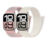 PIOWNN 2 Correas de Nylon Compatible con Correa Apple Watch 44mm 45mm 42mm 46mm 49mm, Pulsera Sport Loop Transpirable Hombre Mujer para iWatch Series 10 9 8 7 6 5 4 3 SE Ultra, Luz Estelar/Rosa Arena