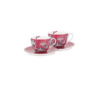 PIP STUDIO Juego de tazas de capuchino con platillo, 2 unidades, 280 ml, Flower Festival Dark Pink baya
