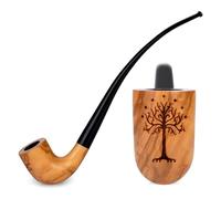 Pipa de fumar Churchwarden de madera de olivo (26 cm) con grabado Árbol Mágico inspirado en Tolkien | Para filtro de 9 mm | Estuche de terciopelo | Solo para uso de tabaco