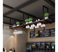 Pipi Zhu Botelleros Vino Colgante Techo - Estante para Plantas Montado En La Pared, Estante para Vinos con Rieles De Protección, Soporte De Exhibición De Madera Maciza, 2 Tipos De Portavasos