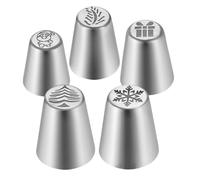 Piping Tips 5 Piece Set, Christmas Russian Cake Decorating Tools, Stainless Steel Supplies for Frosting, Cupcakes, Pastries, Holiday Baking