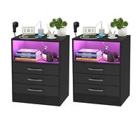 PIPIPOXER Juego de 2 mesitas de noche negras con enchufe y USB, mesita de noche LED brillante, color negro, 3 cajones con LED, iluminación en 16 colores, mesa auxiliar para dormitorio, 45 x 60 x 35 cm