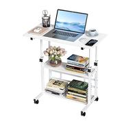 PIPIPOXER Mesa Escritorio Con Ruedas 80x40cm, Ordenador Con Cajón y Estantes, Móvil Regulable en Altura 74.5-95.5cm, Auxiliar 4 Ruedas Con Cerradura Para Hogar, Blanco