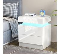 PIPIPOXER Mesilla de Noche LED, Mesillas de Noche Blanca Alto Brillo con 2 Cajones, Mesitas de Noche 16 Colores de Luz LED, 4 Modos de Brillo, Mesilla de Noche para Dormitorio (52x35x45cm), Blanco
