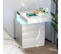 PIPIPOXER Mesita de noche con enchufe y USB, mesita de noche con LED y 3 cajones y mesita de noche brillante, color blanco, iluminación LED para salón, 45 x 40 x 67 cm