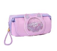 pipisweet Estuche para lápices con diseño de gato de arena movediza, estuche grande de tres capas para niñas, bolsa de papelería Kawaii, bolsa de dibujos animados con animales para estudiantes, Purple