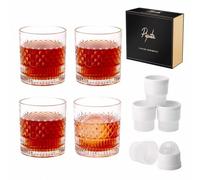 PIPITA Juego de 4 vasos de whisky de cristal con 4 formas de bola de hielo y una caja de lujo, vasos de cristal sin plomo de 11oz,vaso de whisky vintage para hombres,mejor regalo para el día del padre