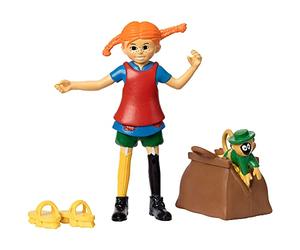 PIPPI Longstocking Toys - Juego de muñeca de Juguete de Figura de acción, Pippi + Mono Mr. Nilsson con Maleta de Dinero + Zapatos de Cepillo para Fregar, Accesorios para muñecas, 80 mm de Alto, a
