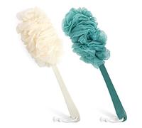 PIPUHA - Juego de 2 cepillos de esponja de lufa para ducha, exfoliante corporal con mango largo, lufa en un palo para hombres y mujeres, accesorios de baño para cepillos corporales (azul y blanco)