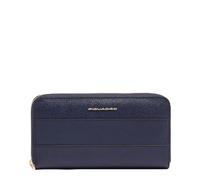 Piquadro - Cartera Grande de Mujer, con Cremallera - Cuero, 4 travesaños, 11 portatarjetas, Monedero, RFID - Azul