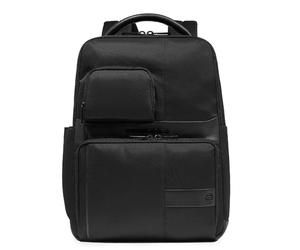 PIQUADRO - Mochila Para PC 14" en Piel y Tejido Técnico - Hombre - Negro | Enganche para trolley, Tirantes acolchados, Compartimentos organizados, Elegante y Funcional, Oficina, Uso diario