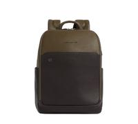Piquadro - Mochila Porta PC 14" de Piel - Hombre - Verde y Marrón Oscuro | Protección antifraude RFID, Protección antigolpes, Sistema antirrobo, Correa pectoral, Oficina y viaje, Uso diario