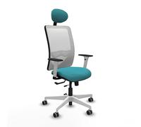 Piqueras y Crespo - Silla Acojinada para Oficina Zulema con Reposabrazos Blancos y Negros, Apoyo Lumbar Regulable en Altura y Cabecero Fijo. Equipado con Sincro/Traslack. Blanco/Turquesa