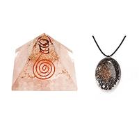 Pirámide de cuarzo rosa con generador de energía/pirámide colgante ovalada de turmalina negra para protección y curación de la EMF, meditación con colgante Nacklace