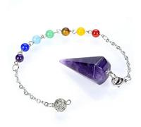 Pirámide hexagonal con 7 cuentas de piedra, cadena de chakras, péndulo de reiki, cuarzo morado natural, amatistas, joyería para hombres y mujeres