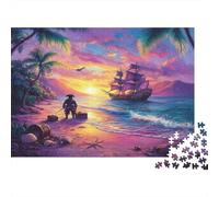 Pirata con Espada en la Playa Mirando el Barco Rompecabezas para Adultos |Treasure Chest Shells Estrella de mar| 1000pcs (75x50cm) Juegos EduGatoivos De Decoración del Hogar