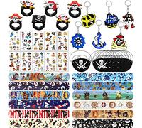 Piratas cumpleaños infantiles, 12 piratas, 12 clips para los ojos, 12 pulseras piratas, 10 tatuajes de piratas para niños, 6 llaveros piratas, regalo de pirata para regalos de regalo
