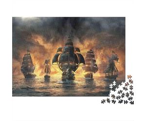 Pirate Ship Battle 1000 Piezas Rompecabezas Regalo Vacaciones Adultos Armada Navega bajo Cielos Tormentosos y Ardientes Premium Resistente Desafiante Alivio Estrés 52x38cm/1000pcs