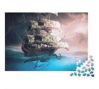 Pirate Ship Battle Color Vibrante 1000 Piezas Rompecabezas para Adultos Galeón Embrujado Navega en Mar Brillante Tormentoso Premium Resistente Desafiante Alivio Estrés 52x38cm/1000pcs