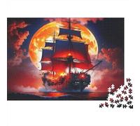 Pirate Ship Moonlight Grueso 1000 Piezas Rompecabezas para Adultos Barco Velero Ardiente contra Gran Luna Roja Premium Resistente Desafiante Difícil Alivio Estrés 38x26cm/1000pcs
