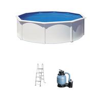 Piscina elevada de acero blanco redonda 4.6x4.6x1.2 m con depuradora de arena y escalera de seguridad gre