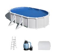 Piscina elevada de acero galvanizado blanca ovalada 6.1x3.75x1.3 m con depuradora de arena y escalera de seguridad gre